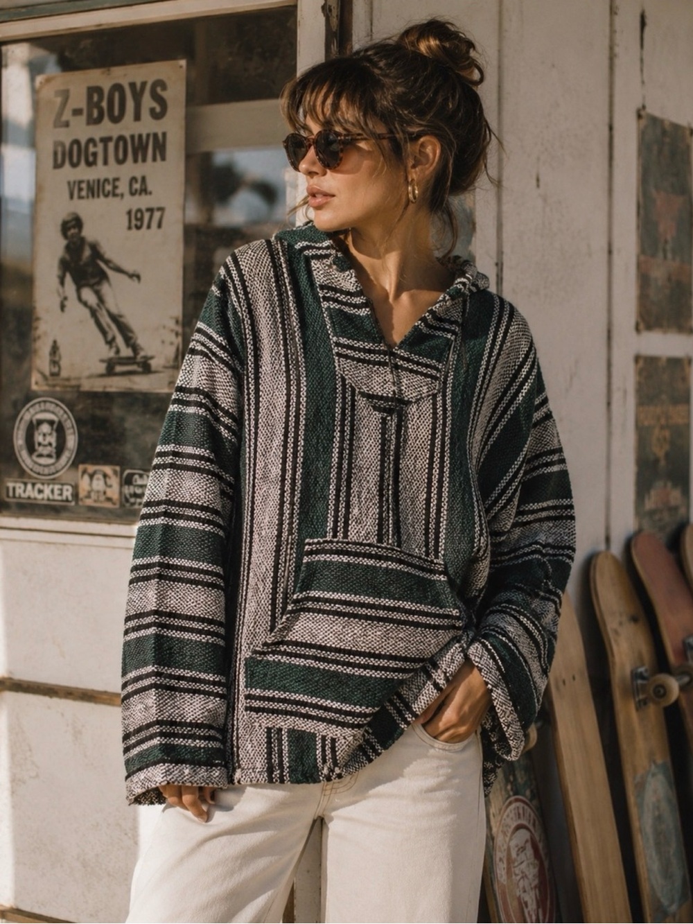 Vintage Serape Blanket Hoodie Poncho Emerald Green Black Striped L